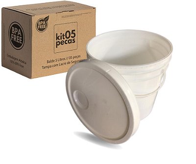 Balde 5 Litros Branco com Tampa Lacre e Alça Plástica Atoxico - Kit 05 Peças