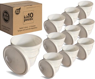 Balde 5 Litros Branco com Tampa Lacre e Alça Plástica Atoxico - Kit 20 Peças