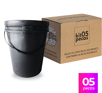 Balde 20L Reciclado Preto com Tampa Lacre - 05 Peças