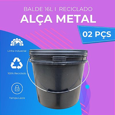 Balde Plástico 16 Litros com Tampa de Segurança e Alça Metálica - Kit com 02 Peças