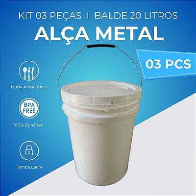 Balde 20L Tampa Lacre e Alça Metálica - 03 Peças