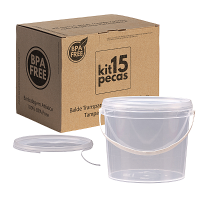 Balde Transparente 2.8 Litros com Tampa Lacre Atóxico - Kit 15 Peças