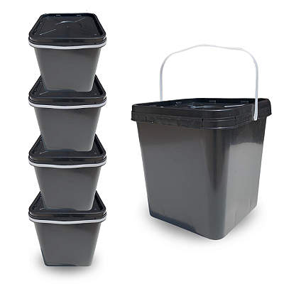 Balde Quadrado Preto Reciclado de 16 Litros - Kit 05 Peças