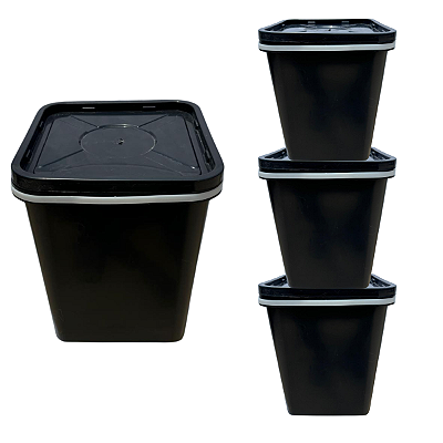 Balde Quadrado 18L Preto com Tampa Lacre e Alça - Kit 03 Peças