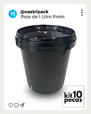 Pote 1 Litro Preto com Tampa Lacre Vedante - Kit 10 Peças