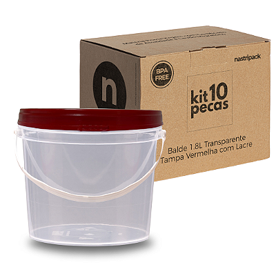 Balde 1.8L Atóxico Transparente com Tampa Vermelha de 1.8L - Kit 10 Peças