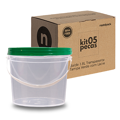 Balde Transparente com Tampa Verde 1.8 Litros - Kit 05 Peças