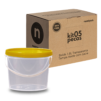 Baldinho com Tampa Amarela 1.8L Transparente Atoxico - Kit 05 Peças
