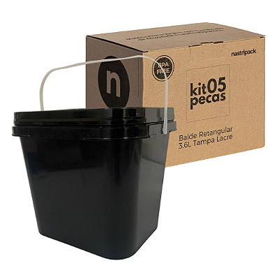 Balde para Alimento Preto Retangular 3.6L Tampa Lacre Atóxico BPA Free - Kit 05 Peças