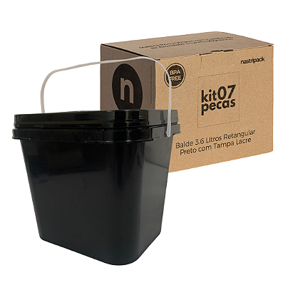 Balde Preto para Alimentos Retangular 3.6 Litros Tampa Lacre - Kit 07 Peças