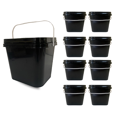 Balde Retangular Preto 3.6L com Tampa Lacre Atóxico BPA FREE - Kit 08 Peças