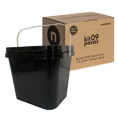 Balde Preto com Tampa Lacre Novo Atóxico de 3.6 Litros Retangular - Kit 09 Peças