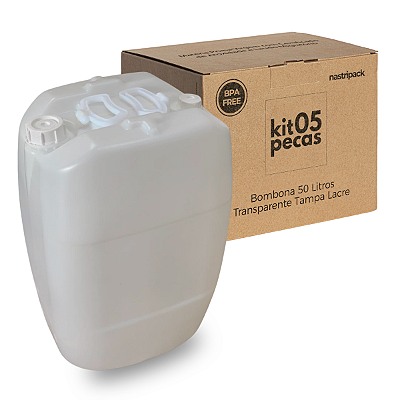 Bombona Natural 50L Virgem Atóxico BPA FREE com Tampa Lacre - Kit 05 Peças