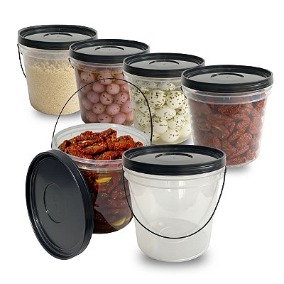 Balde 3,2L Transparente com Tampa Preta e Alça Preta - Kit 05 Peças