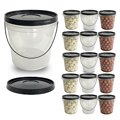 Balde com Tampa Preta Transparente para Alimentos - Kit 15 Peças