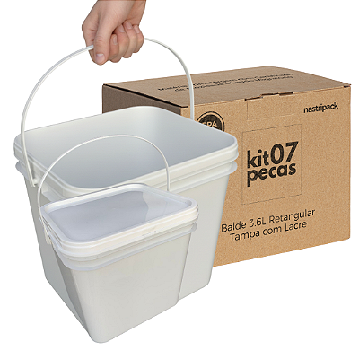 Balde 3.6L com Tampa Retangular com Alça para Armazenar - Kit 07 Pcs