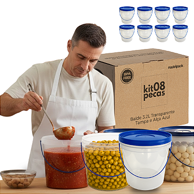 Balde Transparente 3.2L Tampa Azul e Alça Azul - 08 Unid