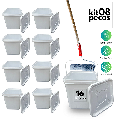 Balde 16 Litros Retangular Branco Tampa Lacre Mulituso - 08 Peças