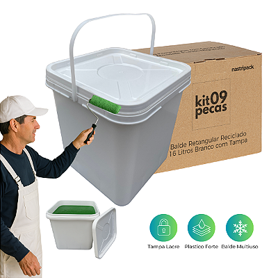 Balde Branco Quadrado 16L Retangular com Tampa Lacre - 09 Pcs