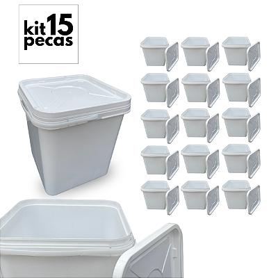 Balde com Tampa Lacre Retangular Branco Reciclado 16L - Kit 15 Peças