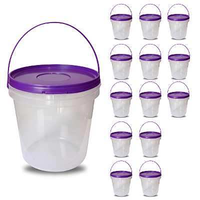Balde Plástico 3,2L Transparente com Tampa Roxa e Alça – 13 Pcs