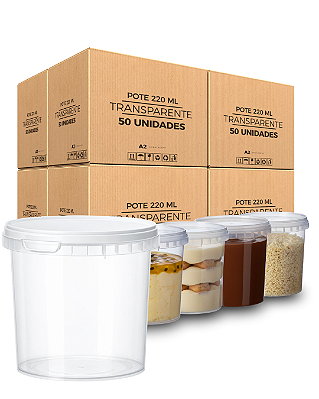 Pote Plástico Transparente Redondo Com Tampa Lacre 220ml - 50 unidades