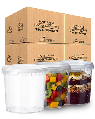 Pote Plastico Transparente com Tampa Lacre 220ML Atóxico > 150 Und