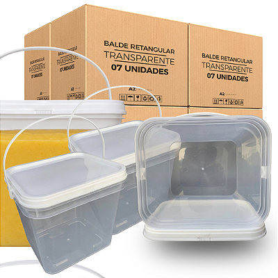 Balde 3.6L Retangular Transparente Multiuso Tampa Lacre - 07 Pcs