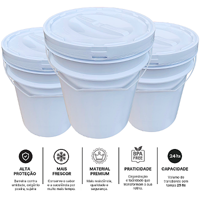 Balde com Tampa Rosqueavel 24L para Armazenar Alimentos - 03 Und