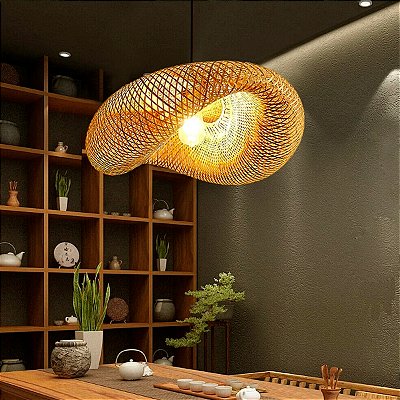 Lustre Pendente De Palha Madeira Fibra Teto Natural Sunfy - Honolulu 50cm