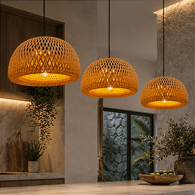 Kit 3 Pendentes Artesanal Completo Fibra Natural + Lampadas Sunfy - Malibu Mini 35cm