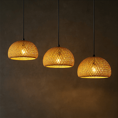 Kit 3 Pendentes Artesanal Completo Fibra Natural + Lampadas Sunfy - Malibu Mini 35cm