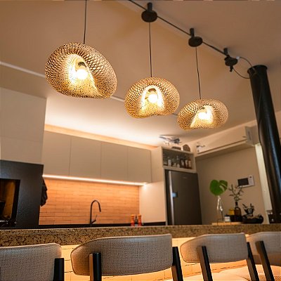 Kit 03 Pendente De Palha Fibra Madeira Natural Teto Completo Sunfy - Honolulu Mini 40cm