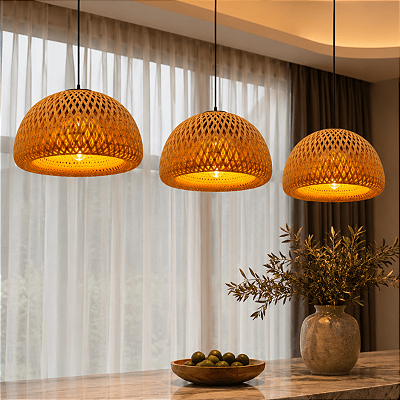 Kit Lustre Bambu Triplo Iluminação Teto Aconchegante Balcão Sunfy - Malibu 30cm