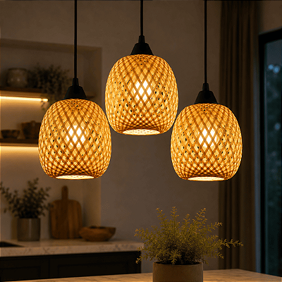 Kit 3 Pendentes Maya 18cm em Bambu com Lâmpadas LED 9W