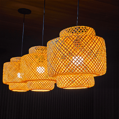 Kit 3 Pendentes Cayman 30cm em Bambu com Lâmpadas LED 9W Sunfy Shop