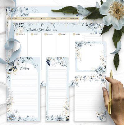 Kit Blocos Planejadores e Anotações Floral Azul