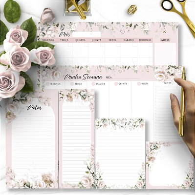 Kit Blocos Planejadores e Anotações Floral Rosa