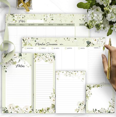 Kit Blocos Planejadores e Anotações Floral Rosas Brancas