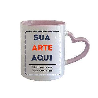 Caneca em Porcelana Branca de 325ml com Interior e Alça na cor Lilás e Alça Coração Personalizada