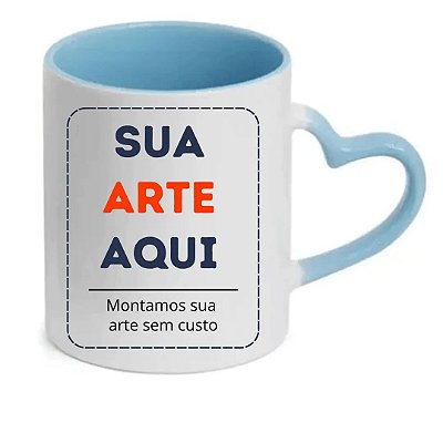 Caneca em Porcelana Branca de 325ml com Interior e Alça na cor Azul e Alça Coração Personalizada