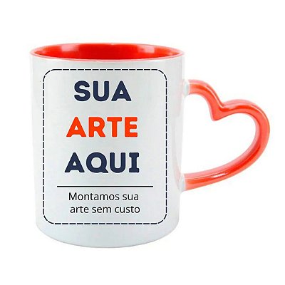 Caneca em Porcelana Branca de 325ml com Interior e alça na cor Vermelha e Alça Coração Personalizada