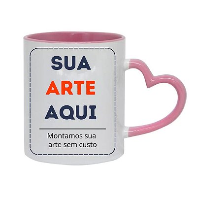 Caneca em Porcelana Branca de 325ml com Interior e alça na cor Rosa e Alça Coração Personalizada
