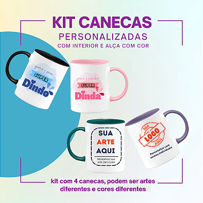 Kit 4 Canecas em Porcelana Branca Com Interior e Alça Com Cor de 325ml Personalizadas