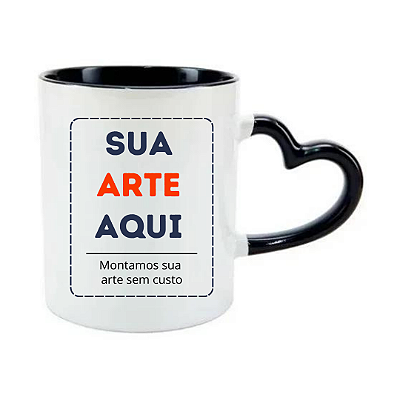 Caneca em Porcelana Branca de 325ml com Interior e alça na cor Preto e Alça Coração Personalizada