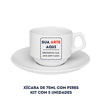 Xícara de Porcelana Branca de 75ml com Pires Personalizada - Kit com 5 unidades