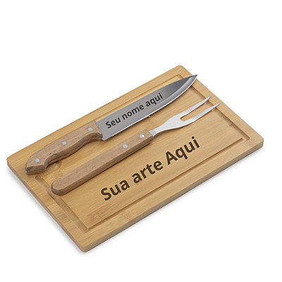 Kit Churrasco Tábua de Corte Bambu Com Faca e Garfo - Personalizado