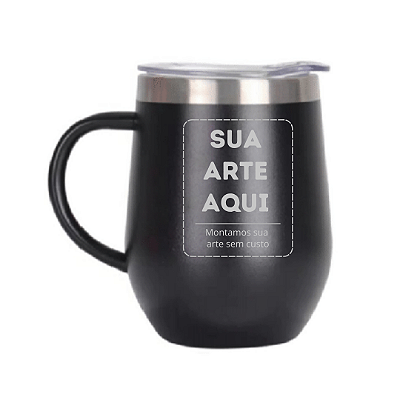 Copo Térmico em Inox Com Tampa e Alça Tipo Cuia 360ml Cor Preta - Personalizado