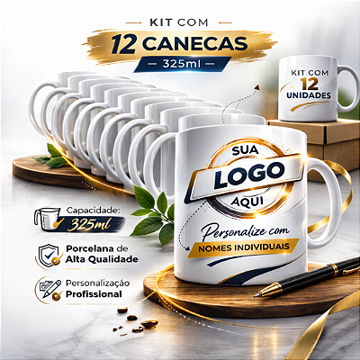 Kit 12 Canecas em Porcelana Branca de 325ml Personalizada
