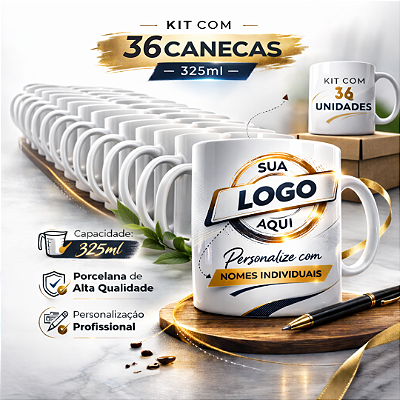 Kit 36 Canecas em Porcelana Branca de 325ml Personalizada